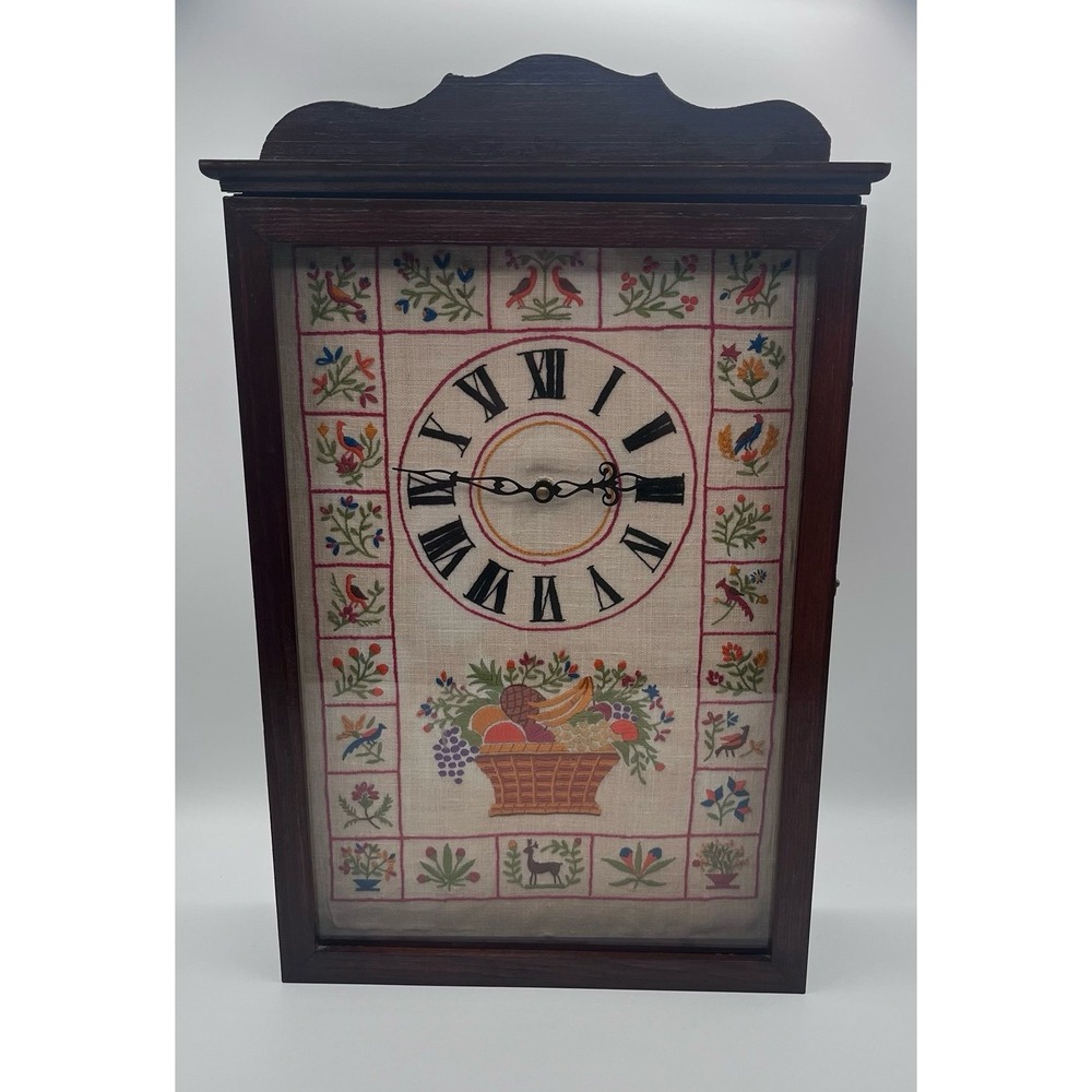 Vintage 1974 Needlecraft Framed Embroidery Clock –‎ Fruit Basket & Floral 17x12